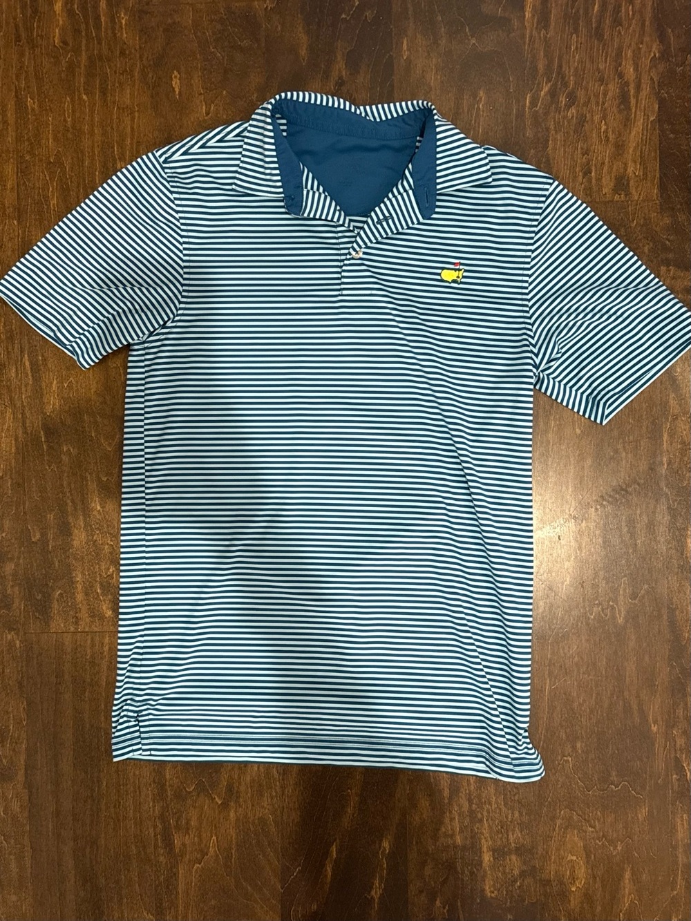 Masters Navy and White Striped Polo with Yellow Logo
